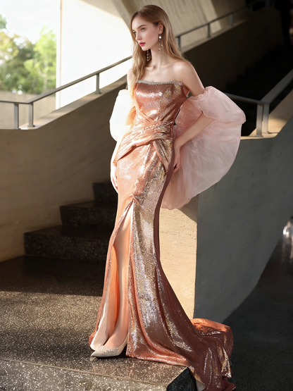 Luxurious Strapless Evening Mermaid Gowns Sequins Beading High-Slit Prom Dress AP5100