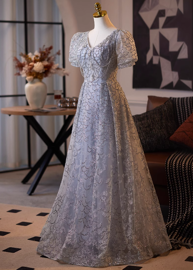 Luxury V Neck Lace-Up A-Line Short Sleeve Sweet 16th Gowns Crystals Beading Sequins Prom Dress AP5101