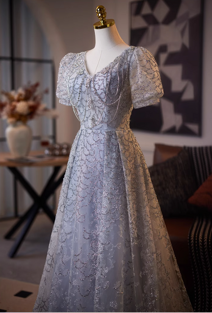 Luxury V Neck Lace-Up A-Line Short Sleeve Sweet 16th Gowns Crystals Beading Sequins Prom Dress AP5101