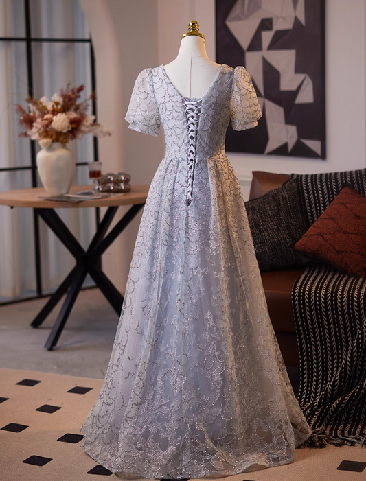 Luxury V Neck Lace-Up A-Line Short Sleeve Sweet 16th Gowns Crystals Beading Sequins Prom Dress AP5101