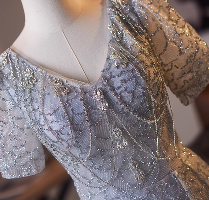 Luxury V Neck Lace-Up A-Line Short Sleeve Sweet 16th Gowns Crystals Beading Sequins Prom Dress AP5101