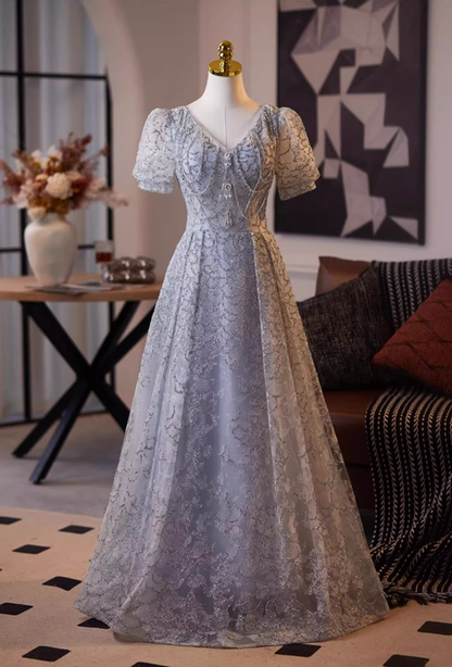 Luxury V Neck Lace-Up A-Line Short Sleeve Sweet 16th Gowns Crystals Beading Sequins Prom Dress AP5101