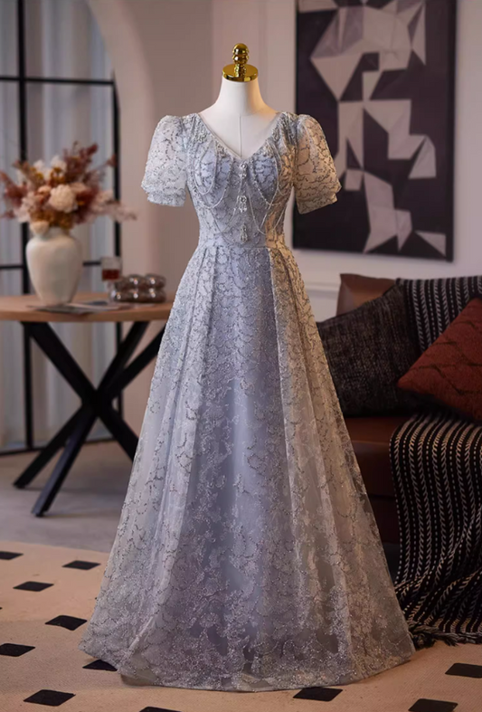 Luxury V Neck Lace-Up A-Line Short Sleeve Sweet 16th Gowns Crystals Beading Sequins Prom Dress AP5101