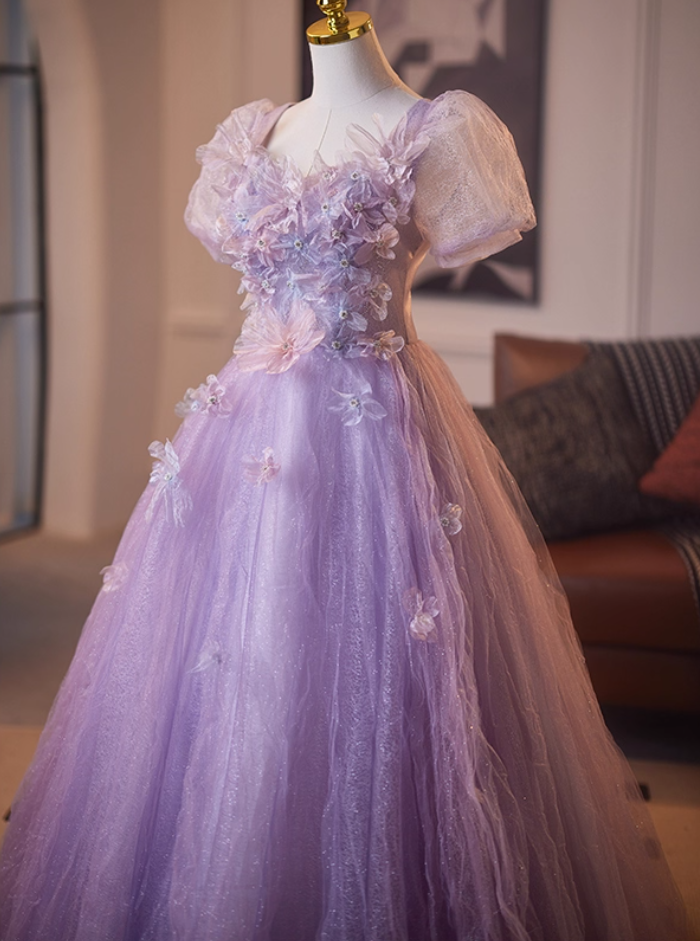 Graceful Square Neck A-Line Short Sleeve Sweet 16th Gowns Appliques Sequins Beading Purple Tulle Prom Dress AP5102