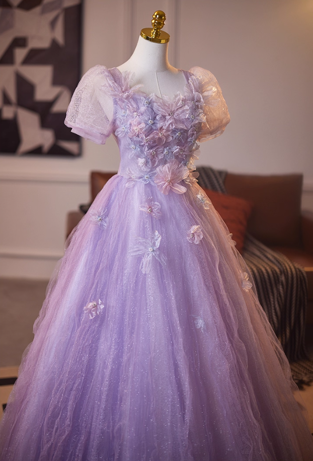 Graceful Square Neck A-Line Short Sleeve Sweet 16th Gowns Appliques Sequins Beading Purple Tulle Prom Dress AP5102