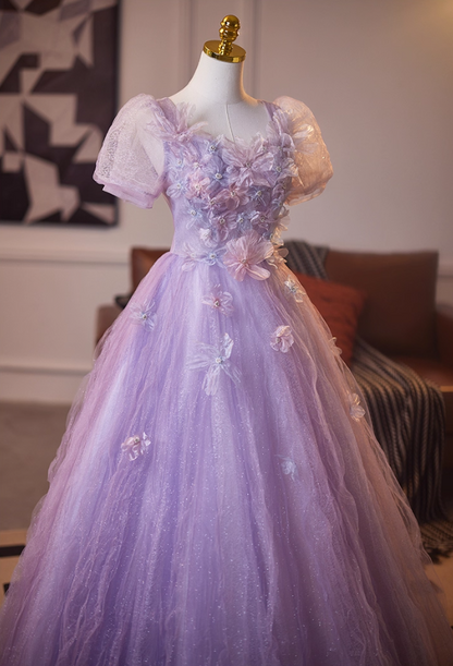 Graceful Square Neck A-Line Short Sleeve Sweet 16th Gowns Appliques Sequins Beading Purple Tulle Prom Dress AP5102