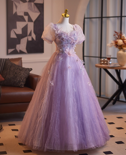 Graceful Square Neck A-Line Short Sleeve Sweet 16th Gowns Appliques Sequins Beading Purple Tulle Prom Dress AP5102