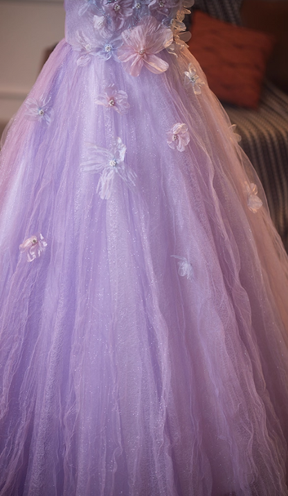 Graceful Square Neck A-Line Short Sleeve Sweet 16th Gowns Appliques Sequins Beading Purple Tulle Prom Dress AP5102