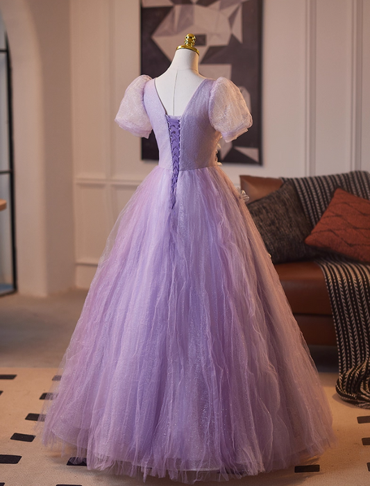 Graceful Square Neck A-Line Short Sleeve Sweet 16th Gowns Appliques Sequins Beading Purple Tulle Prom Dress AP5102