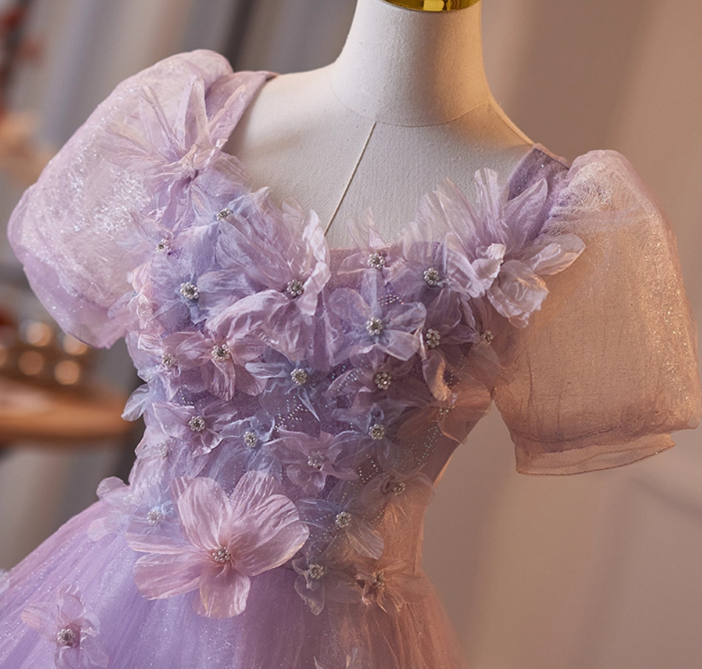 Graceful Square Neck A-Line Short Sleeve Sweet 16th Gowns Appliques Sequins Beading Purple Tulle Prom Dress AP5102