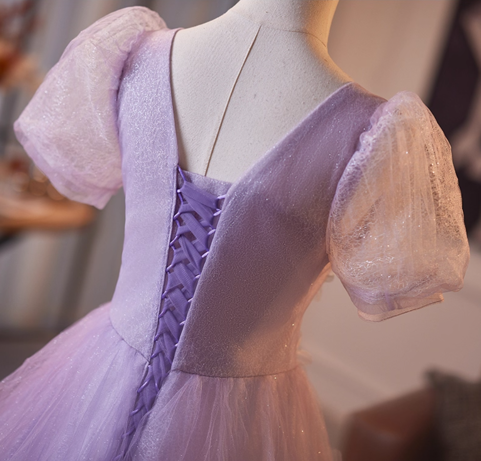 Graceful Square Neck A-Line Short Sleeve Sweet 16th Gowns Appliques Sequins Beading Purple Tulle Prom Dress AP5102