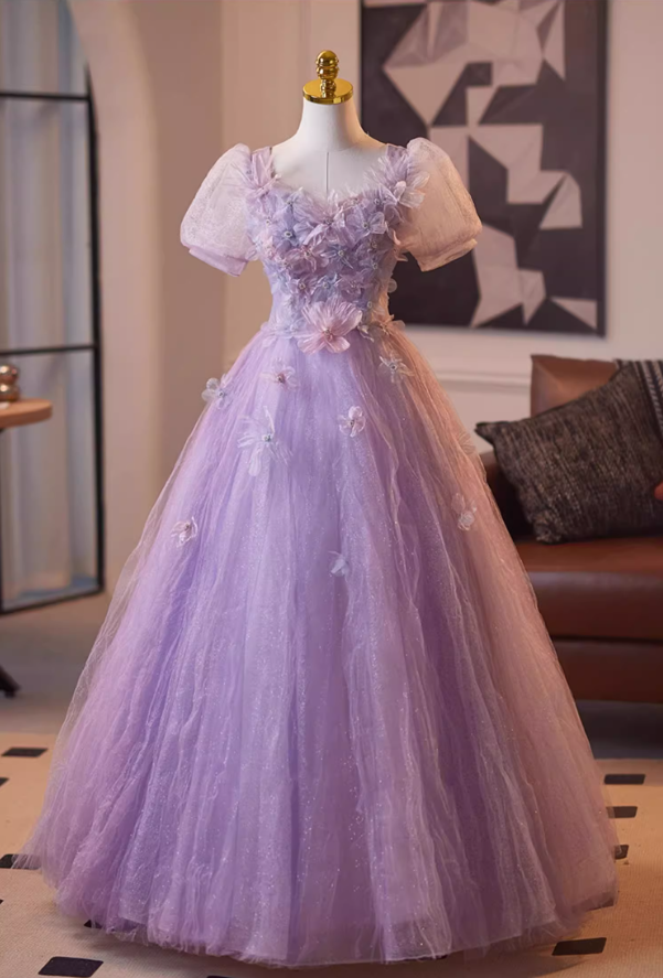 Graceful Square Neck A-Line Short Sleeve Sweet 16th Gowns Appliques Sequins Beading Purple Tulle Prom Dress AP5102