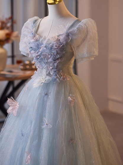 Elegant A-Line Puff Short Sleeve Square Neck Sweet 16th Gowns Appliques Sequins Blue Tulle Beading Prom Dress AP5103