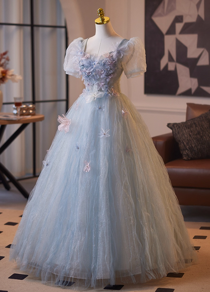 Elegant A-Line Puff Short Sleeve Square Neck Sweet 16th Gowns Appliques Sequins Blue Tulle Beading Prom Dress AP5103