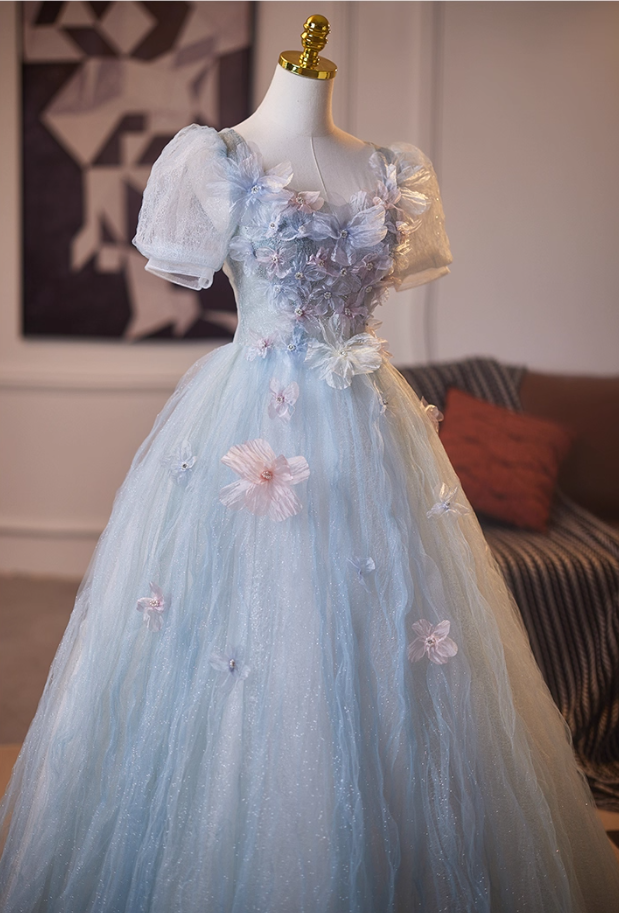 Elegant A-Line Puff Short Sleeve Square Neck Sweet 16th Gowns Appliques Sequins Blue Tulle Beading Prom Dress AP5103