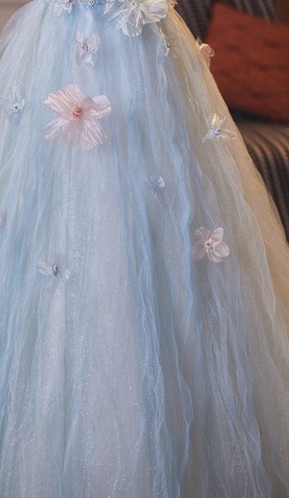 Elegant A-Line Puff Short Sleeve Square Neck Sweet 16th Gowns Appliques Sequins Blue Tulle Beading Prom Dress AP5103