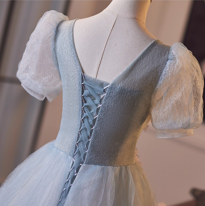 Elegant A-Line Puff Short Sleeve Square Neck Sweet 16th Gowns Appliques Sequins Blue Tulle Beading Prom Dress AP5103