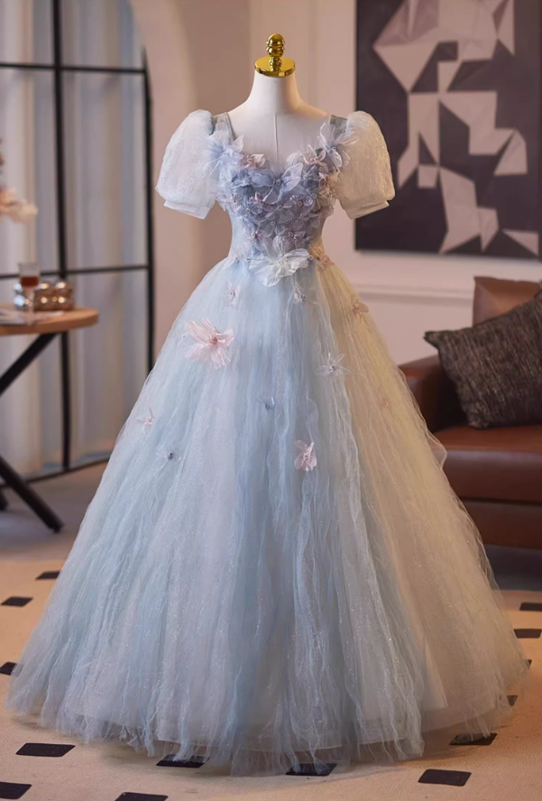 Elegant A-Line Puff Short Sleeve Square Neck Sweet 16th Gowns Appliques Sequins Blue Tulle Beading Prom Dress AP5103