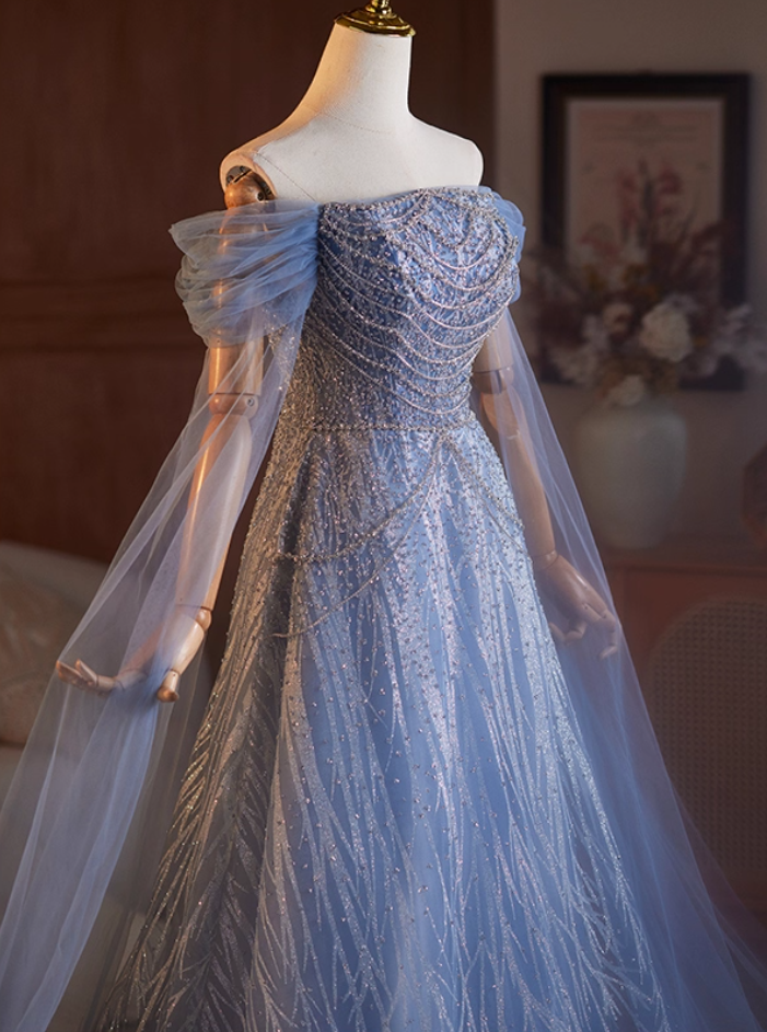Classical Off-Shoulder A-Line Long Tulle Sleeve Sweet 16th Dresses Beading Sequins Blue Prom Dress AP5104