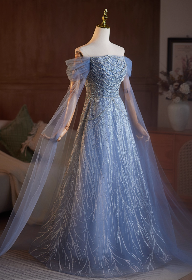 Classical Off-Shoulder A-Line Long Tulle Sleeve Sweet 16th Dresses Beading Sequins Blue Prom Dress AP5104