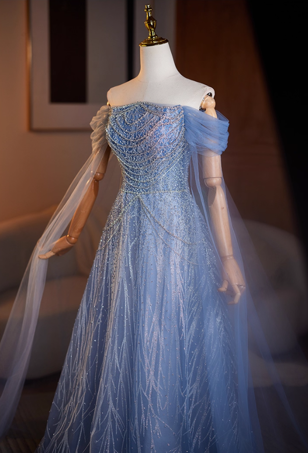 Classical Off-Shoulder A-Line Long Tulle Sleeve Sweet 16th Dresses Beading Sequins Blue Prom Dress AP5104