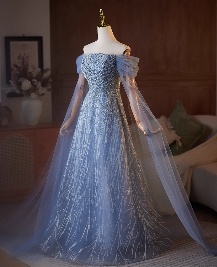 Classical Off-Shoulder A-Line Long Tulle Sleeve Sweet 16th Dresses Beading Sequins Blue Prom Dress AP5104