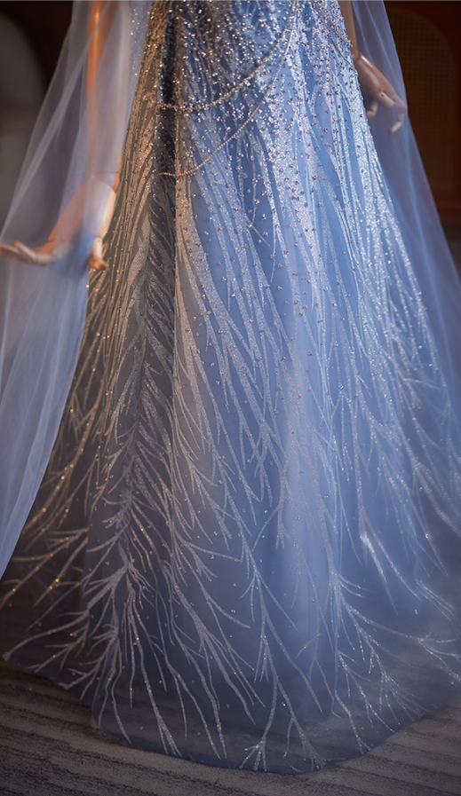 Classical Off-Shoulder A-Line Long Tulle Sleeve Sweet 16th Dresses Beading Sequins Blue Prom Dress AP5104