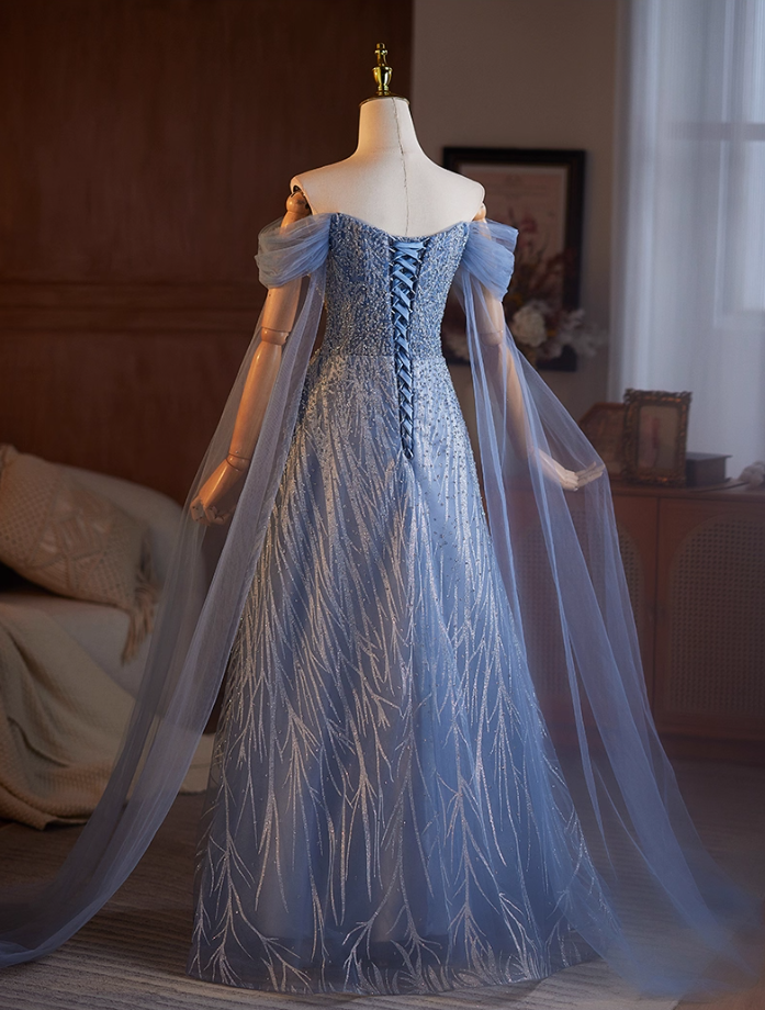 Classical Off-Shoulder A-Line Long Tulle Sleeve Sweet 16th Dresses Beading Sequins Blue Prom Dress AP5104