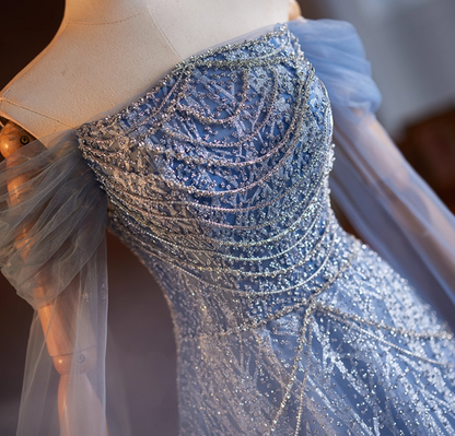 Classical Off-Shoulder A-Line Long Tulle Sleeve Sweet 16th Dresses Beading Sequins Blue Prom Dress AP5104
