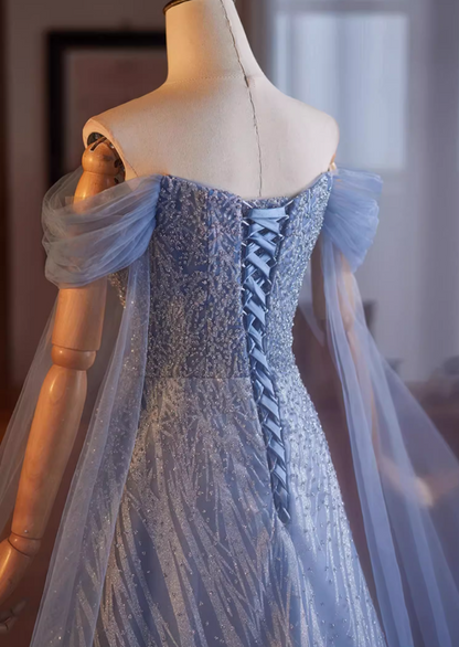 Classical Off-Shoulder A-Line Long Tulle Sleeve Sweet 16th Dresses Beading Sequins Blue Prom Dress AP5104