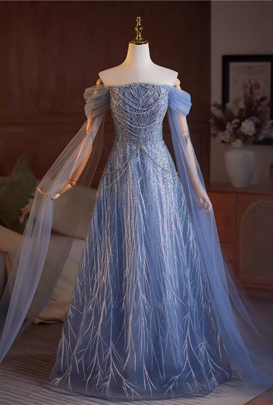 Classical Off-Shoulder A-Line Long Tulle Sleeve Sweet 16th Dresses Beading Sequins Blue Prom Dress AP5104