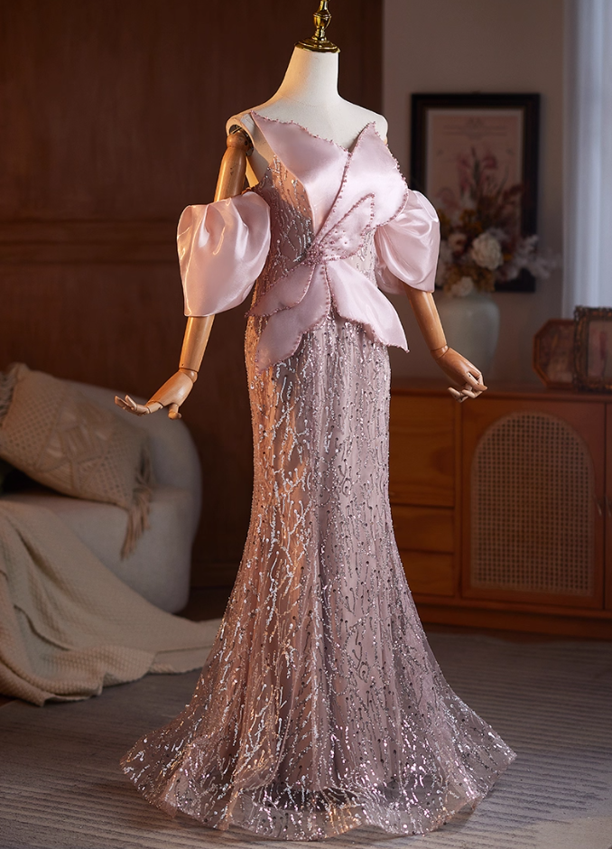 Fantastic Off-Shoulder Lace-Up Evening Mermaid Gowns Sequins Tulle Beads Prom Dress AP5105