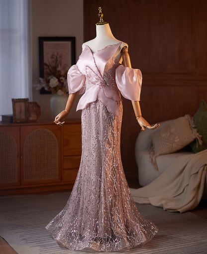 Fantastic Off-Shoulder Lace-Up Evening Mermaid Gowns Sequins Tulle Beads Prom Dress AP5105