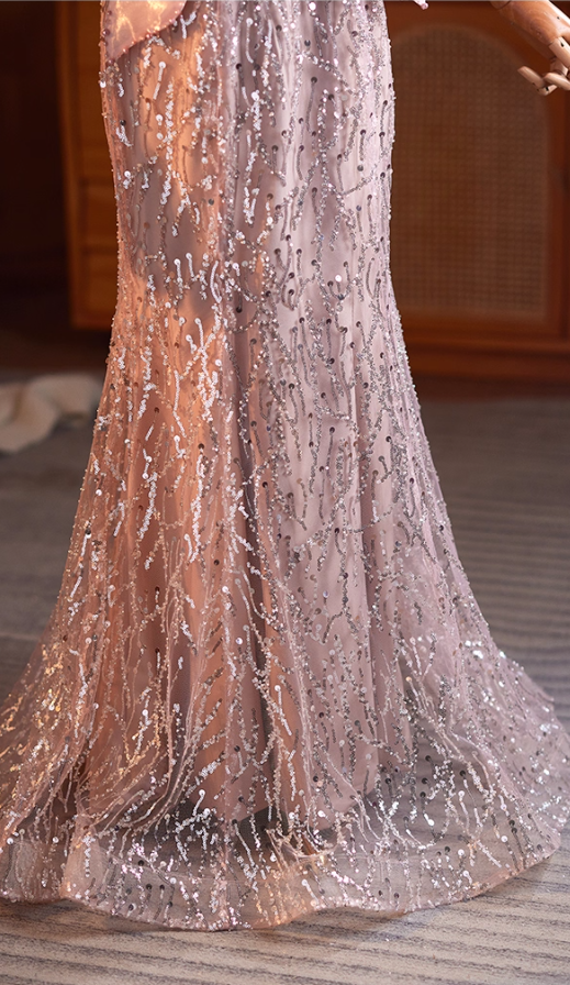 Fantastic Off-Shoulder Lace-Up Evening Mermaid Gowns Sequins Tulle Beads Prom Dress AP5105