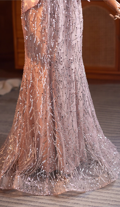 Fantastic Off-Shoulder Lace-Up Evening Mermaid Gowns Sequins Tulle Beads Prom Dress AP5105