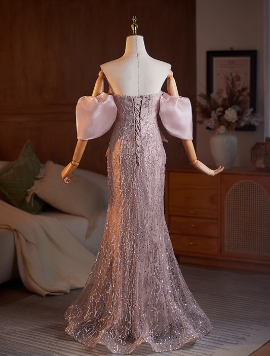 Fantastic Off-Shoulder Lace-Up Evening Mermaid Gowns Sequins Tulle Beads Prom Dress AP5105