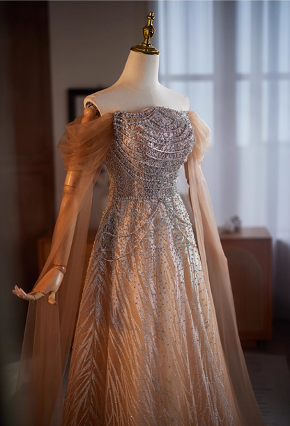 Sweet Off-Shoulder A-Line Beading Sweet 16th Dresses Sequins Long Tulle Sleeve Prom Dress AP5106