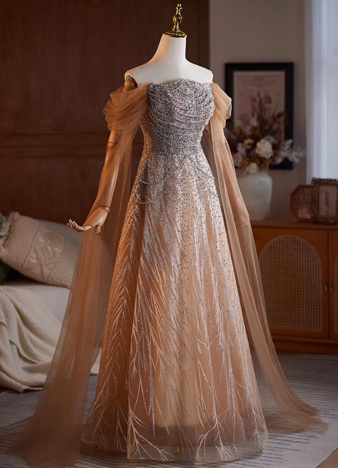 Sweet Off-Shoulder A-Line Beading Sweet 16th Dresses Sequins Long Tulle Sleeve Prom Dress AP5106