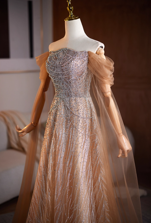 Sweet Off-Shoulder A-Line Beading Sweet 16th Dresses Sequins Long Tulle Sleeve Prom Dress AP5106