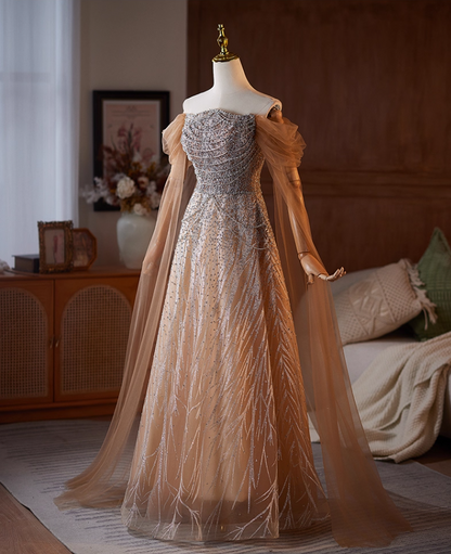 Sweet Off-Shoulder A-Line Beading Sweet 16th Dresses Sequins Long Tulle Sleeve Prom Dress AP5106