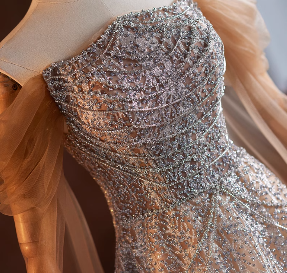 Sweet Off-Shoulder A-Line Beading Sweet 16th Dresses Sequins Long Tulle Sleeve Prom Dress AP5106