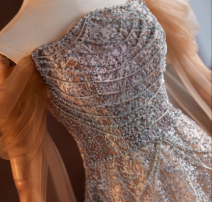 Sweet Off-Shoulder A-Line Beading Sweet 16th Dresses Sequins Long Tulle Sleeve Prom Dress AP5106