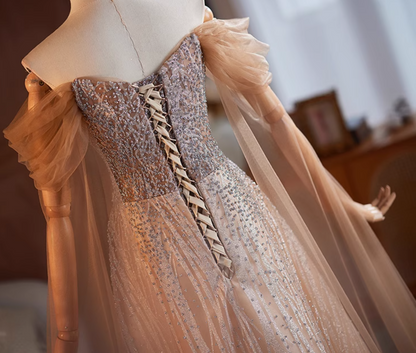 Sweet Off-Shoulder A-Line Beading Sweet 16th Dresses Sequins Long Tulle Sleeve Prom Dress AP5106