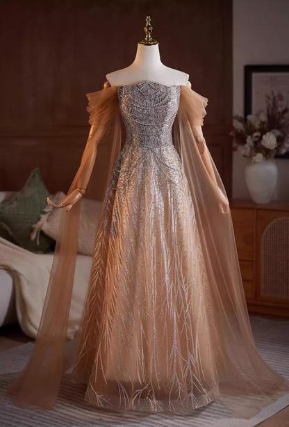 Sweet Off-Shoulder A-Line Beading Sweet 16th Dresses Sequins Long Tulle Sleeve Prom Dress AP5106
