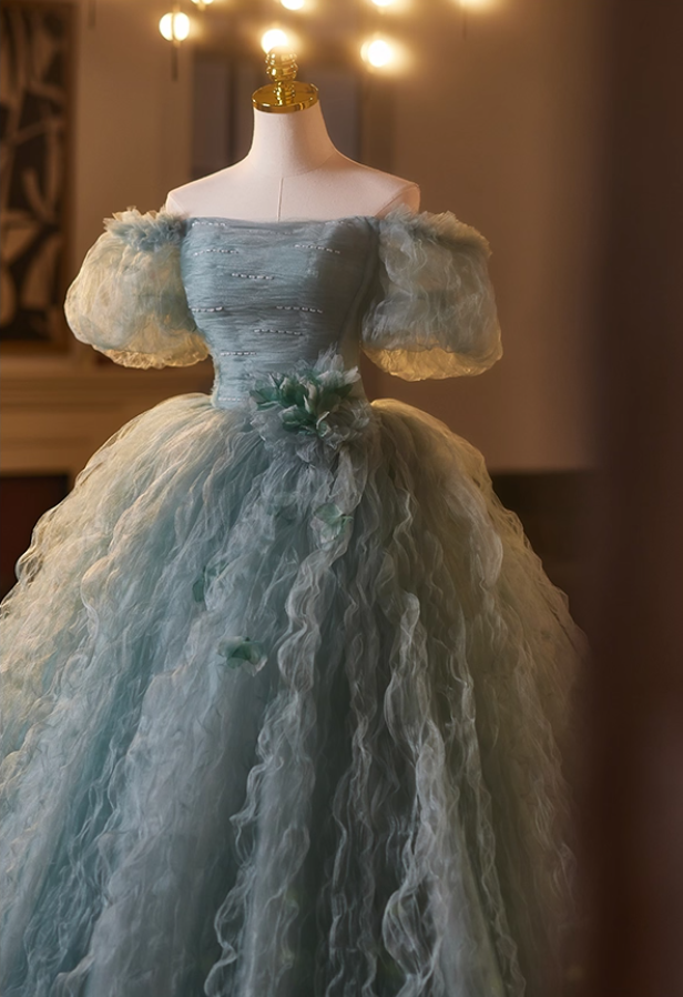Cute Off-Shoulder A-Line Ruffled Tulle Sweet 16th Dresses Handmade Flowers Beads Prom Dress AP5107