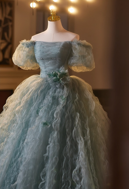 Cute Off-Shoulder A-Line Ruffled Tulle Sweet 16th Dresses Handmade Flowers Beads Prom Dress AP5107