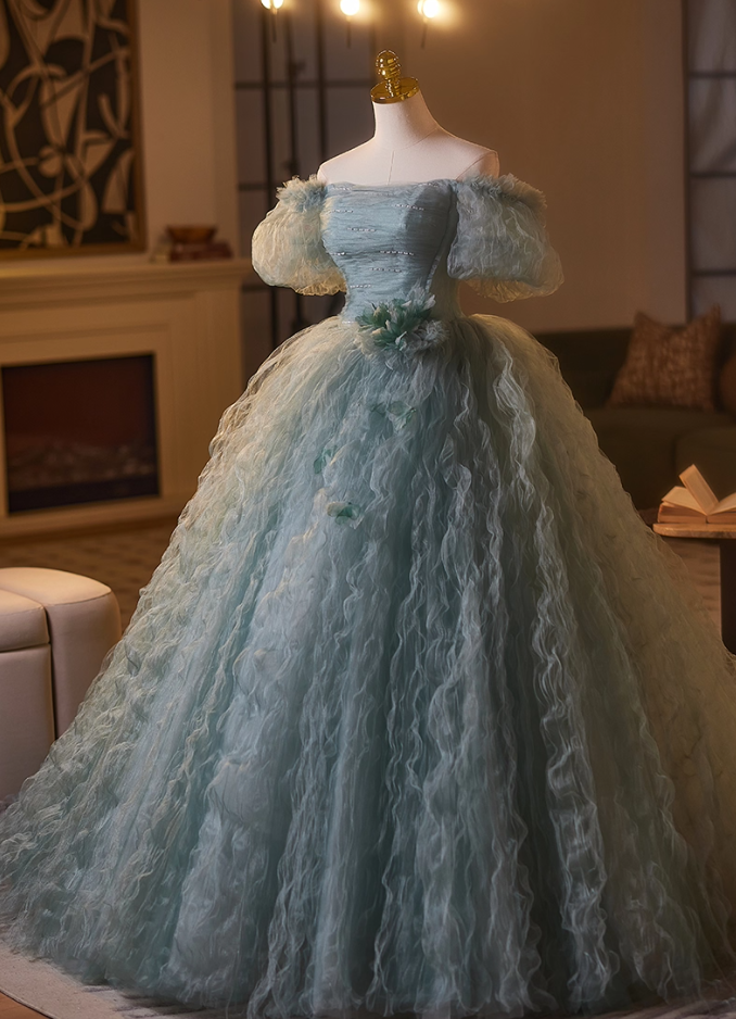 Cute Off-Shoulder A-Line Ruffled Tulle Sweet 16th Dresses Handmade Flowers Beads Prom Dress AP5107
