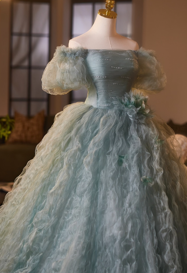 Cute Off-Shoulder A-Line Ruffled Tulle Sweet 16th Dresses Handmade Flowers Beads Prom Dress AP5107