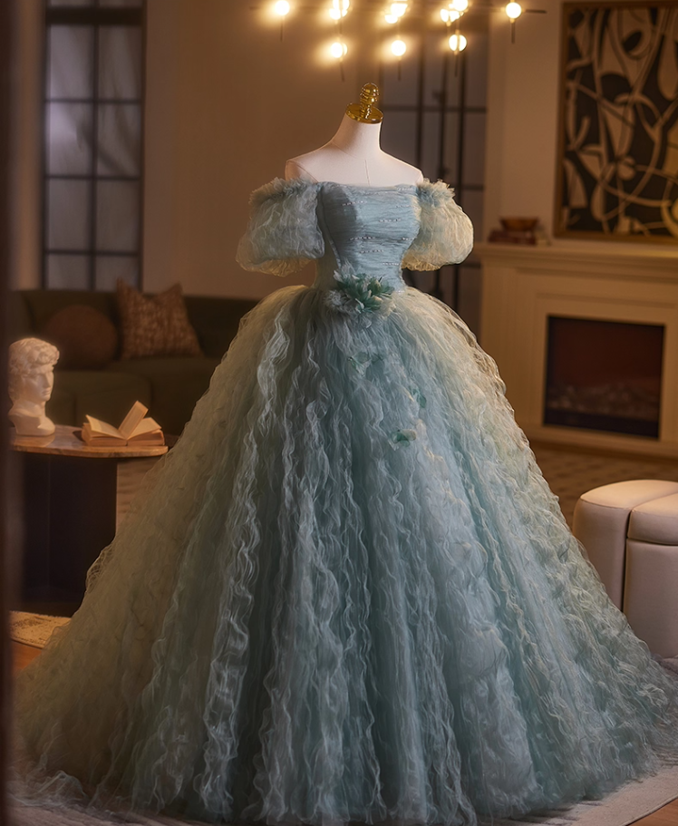 Cute Off-Shoulder A-Line Ruffled Tulle Sweet 16th Dresses Handmade Flowers Beads Prom Dress AP5107