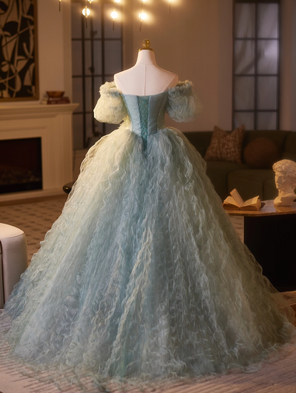 Cute Off-Shoulder A-Line Ruffled Tulle Sweet 16th Dresses Handmade Flowers Beads Prom Dress AP5107